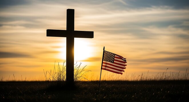 Silhouette of a cross with american flag at sunset faith freedom and patriotism