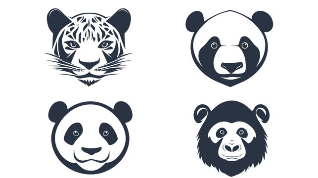 Four animal illustrations a tiger head, two panda faces, and a monkey-like face