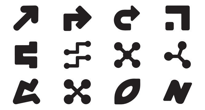 Curved and angled black arrow icons with rounded nodes and abstract geometric line shapes.