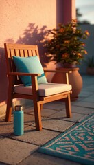 Obraz premium Empty rooftop patio workout space prepared for prenatal stretching with mat, chair and water