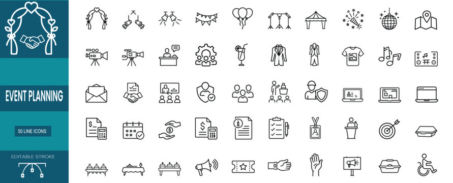 Wedding planning web line icons set celebration party catering event organization ceremony management web line icons set & more vector illustration on editable stroke