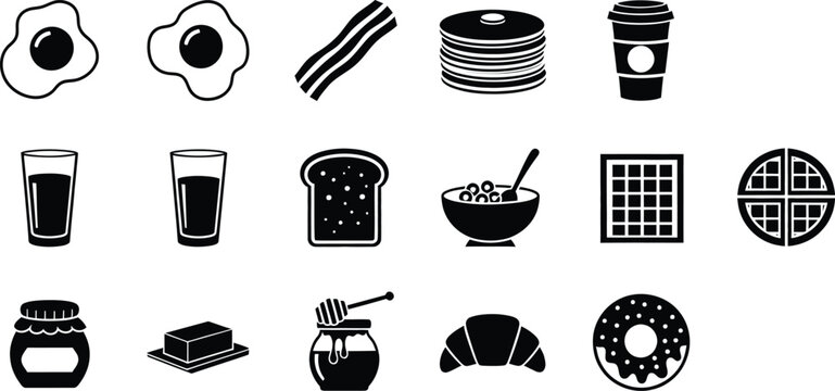 A collection of black and white breakfast food and drink icons on a plain white background