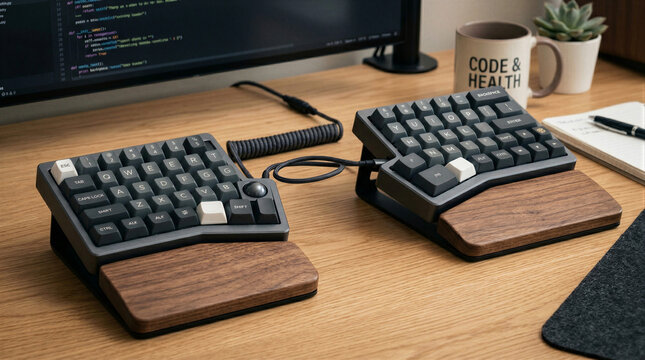 Mechanical split keyboard with wooden wrist rests on wooden desk