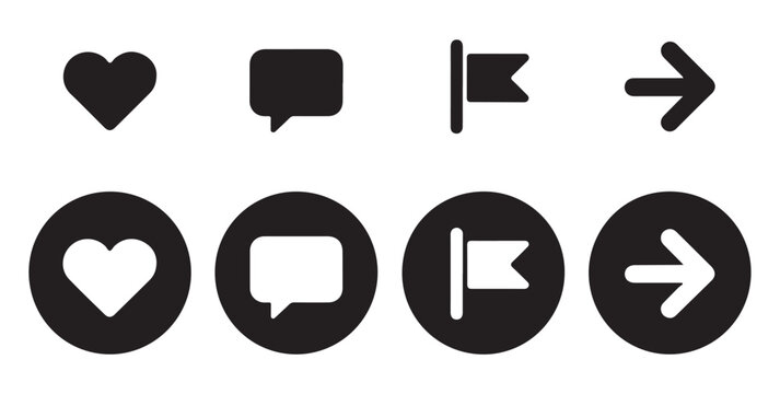 Social media interface icon set with heart comment flag and arrow navigation symbol signs.