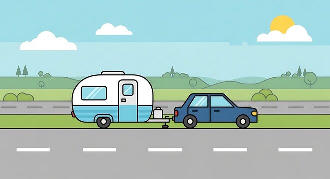 Car towing small camper trailer on road.