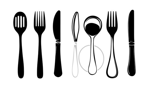 Black and white illustration of dining utensils, including forks, knives, and spoons in a row