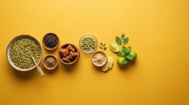 Assorted indian ingredients with mung beans spices lime ginger and tamarind for recipe background and food styling