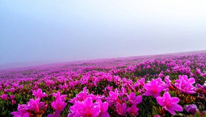 Obraz premium Vast field of vibrant pink azalea flowers blooming with dew drops in a serene misty landscape, creating a tranquil and dreamlike natural scene.