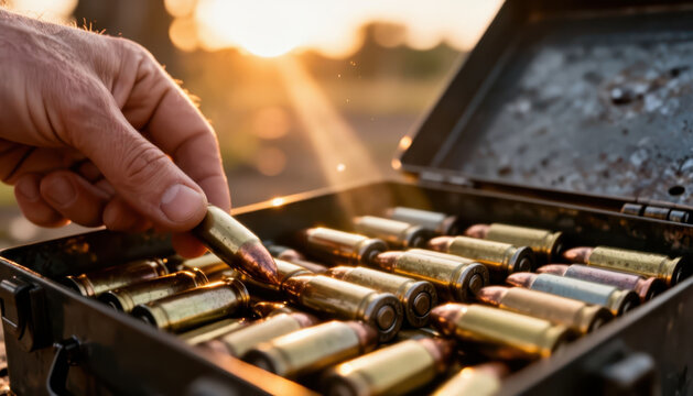 A hand reaches into a box filled with bullets, examining the ammunition. The setting is outdoors, with sunlight filtering through the trees in the background.