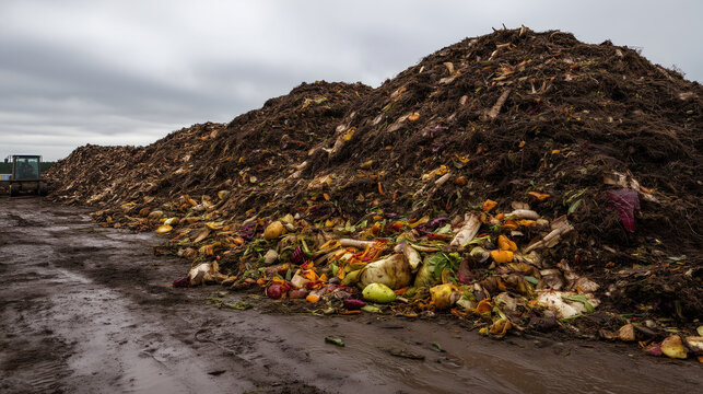 Large pile of organic waste and food scraps at industrial composting site, realistic environmental management scene with decomposing produce, wet ground, biodegradable refuse and s