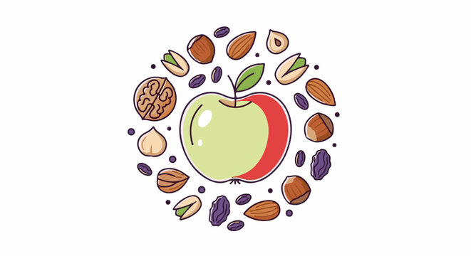 Simple illustrated circular arrangement of an apple, nuts, and berries against a white background