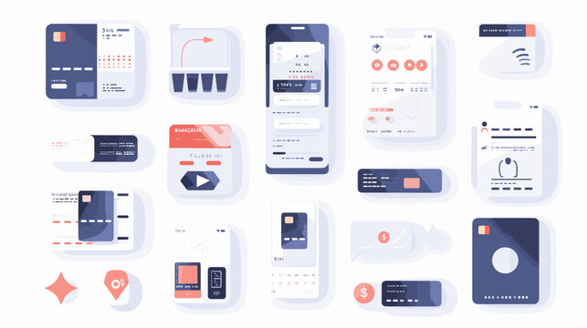 fintech mobile app ui kit with payment cards and transaction elements flat design vector illustration