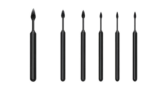 Seven small black tools with varying tips, arranged on a white background. Their design looks utilitarian