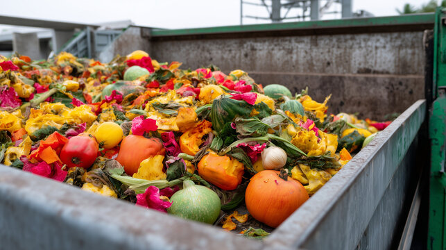 Overflowing industrial dumpster with wasted produce, discarded fruits and vegetables, food loss and sustainability concept, agricultural surplus disposal, organic garbage, composta
