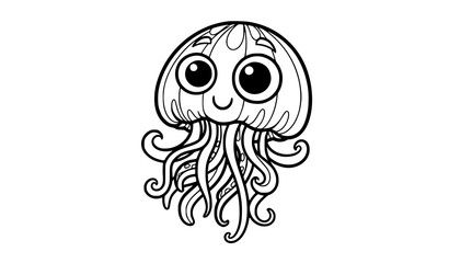 Playful cartoon jellyfish with big eyes and curly tentacles kids coloring page line art vector © Nirendranath