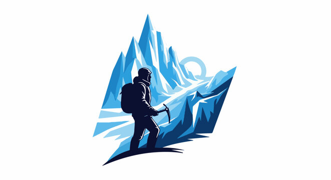 Silhouette of a climber with ice axe stands against a backdrop of icy mountains and sun
