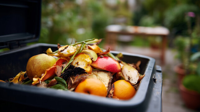 Overflowing compost bin with food scraps and fruit waste, household organic garbage concept, sustainability, biodegradable kitchen waste, recycling awareness, composting, zero wast