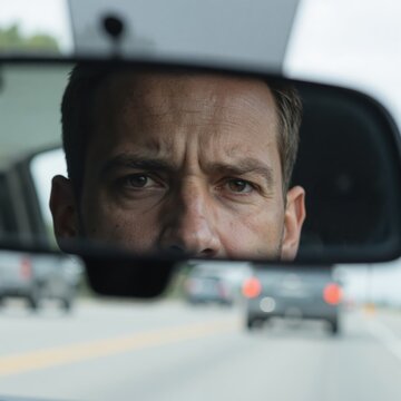 a man is looking at himself in the rear view mirror of a car
