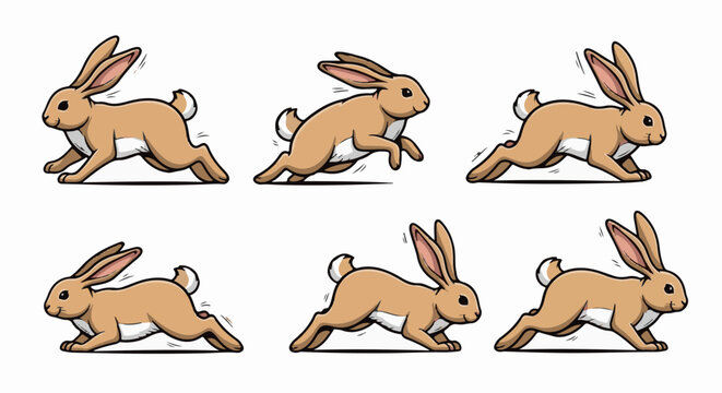 Six cartoon rabbits in different running poses, digitally illustrated with brown and white fur