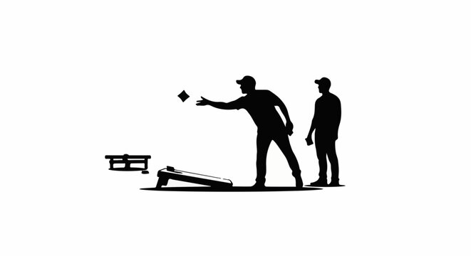 Silhouette of two people playing cornhole, one tossing a beanbag