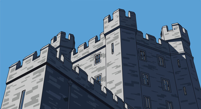 Pixelated view of a grand stone castle with crenellated towers against a clear blue sky
