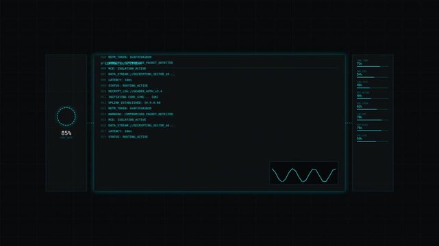 A futuristic digital interface displaying data, graphs, and statistics on a sleek black background