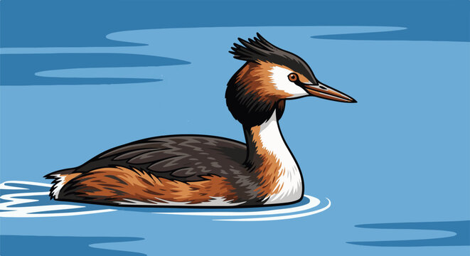 Pixel art of a great crested grebe with its distinctive head crest, floating serenely on blue water
