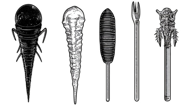 Black and white illustration of five stylized objects creature, icicle, cylinder, fork, and totem