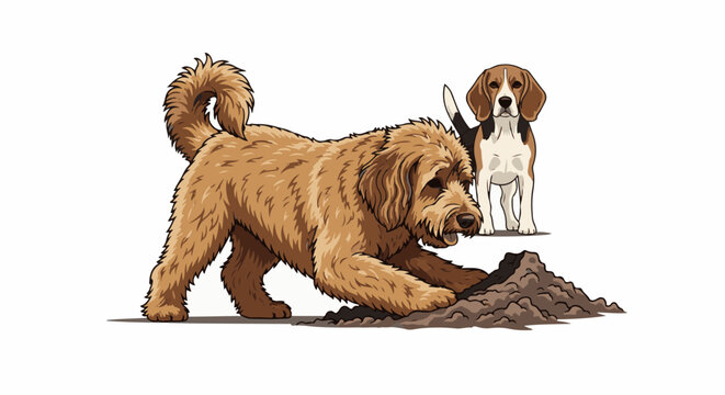 Pixel art of a furry, golden dog digging in dirt, with a beagle watching
