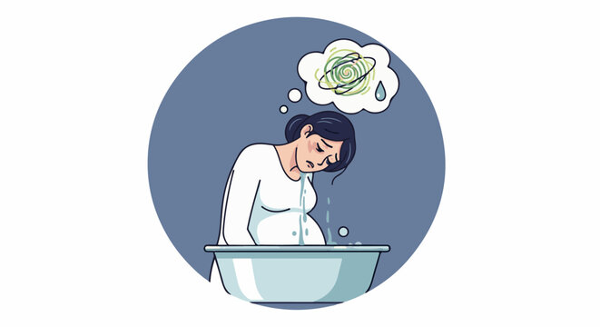 Pregnant woman feeling unwell, bending over a basin, with a thought bubble showing dizziness