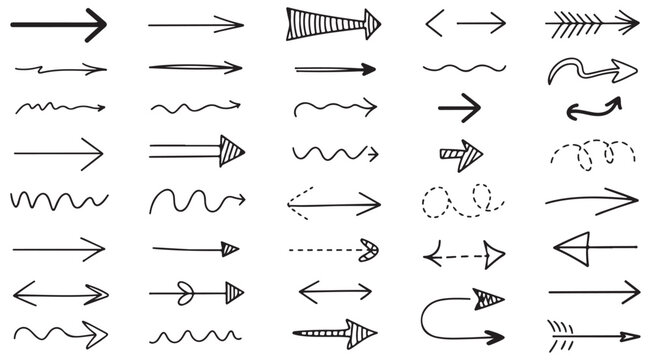 Set of various hand drawn arrows in black ink sketch style featuring different shapes and pointing directions for design elements and creative presentations