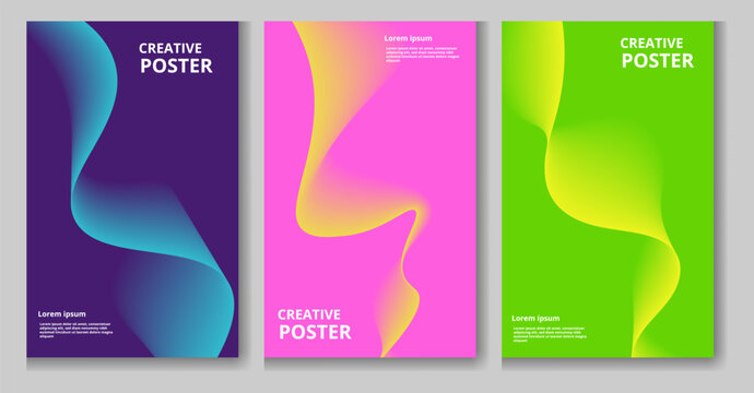 Three colorful creative poster templates with wavy designs and sample text on a light gray background