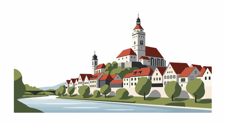 Naklejka premium Pixel art illustration of a picturesque European town on a hill overlooking a river