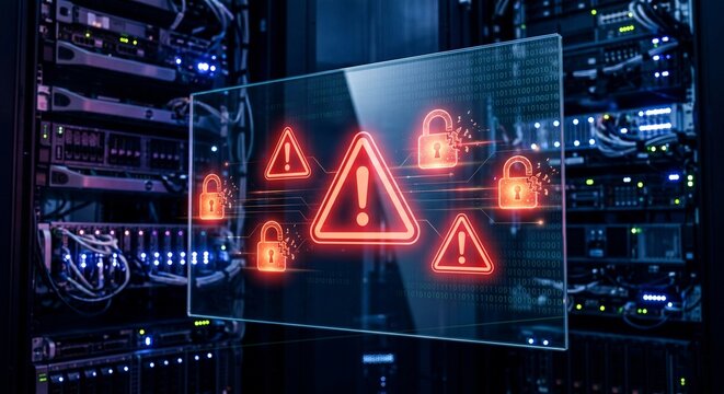 Digital holographic screen showing red warning signs and broken padlocks in a dark server room