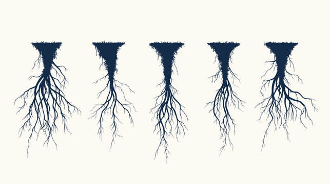 Silhouettes of five root structures extending downwards from textured soil against a cream background