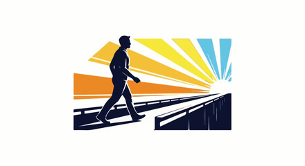 Fototapeta premium Silhouette of a person walking on a pathway towards a bright, stylized sunrise