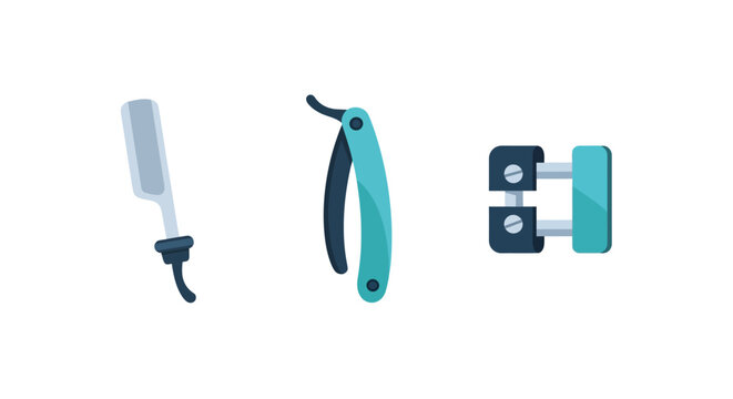 Barber tools set featuring straight razor shaving brush and hair