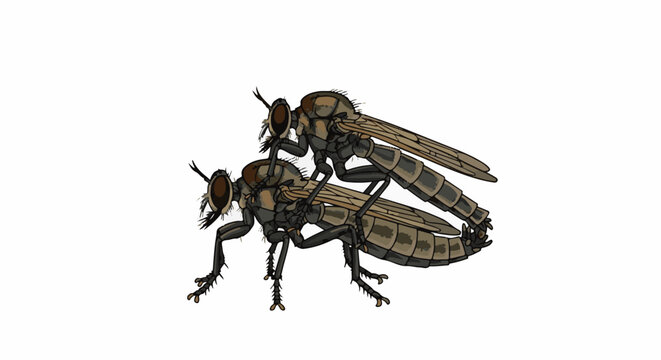 Two pixel art robber flies are shown mating in a close-up view