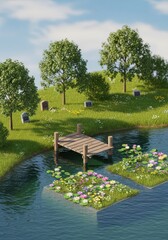 Fototapeta premium Wooden dock extends into a peaceful pond surrounded by lush grassy hills and floating flower beds.