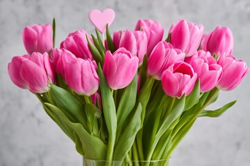 Naklejka premium Bright Pink Tulips Arranged in a Vase With a Heart Decoration on Top for a Special Occasion