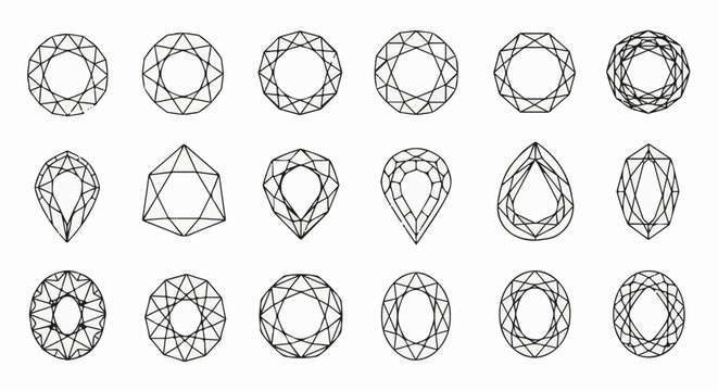 Artistic diagrams of faceted gemstones in various cuts and shapes