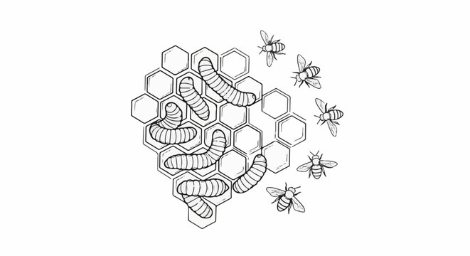 Sketch of bees and larvae in a honeycomb structure