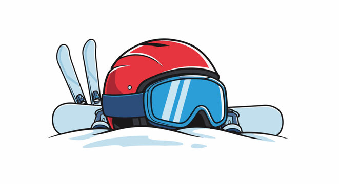 Red ski helmet and blue goggles rest on a snowboard with skis behind it in snow