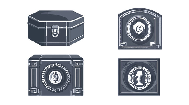 Digital illustrations of treasure chest and four decorative circular panels with stylized emblem designs