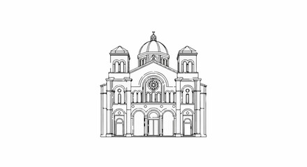Obraz premium Front view sketch of a large church with domes and towers