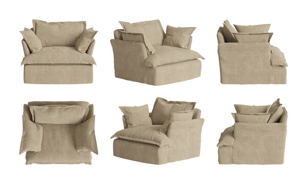 Beige Linen Armchair Set &ndash; Modern Cozy Upholstered Chair 3D Render, Multiple Angles