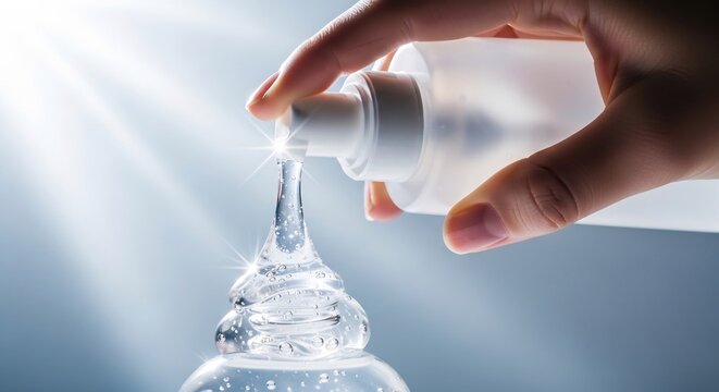 Hand dispensing clear gel from a bottle with light rays.