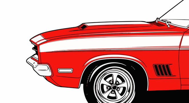 Stylized red vintage auto with white racing stripes and chrome accents