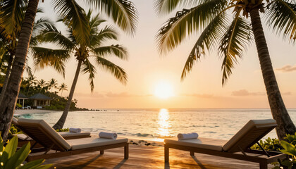 Fototapeta premium lounge chairs under palm trees by the ocean. The sunset casts a warm glow over the tranquil water and sandy beach, creating a peaceful atmosphere.