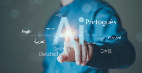 Multilingual communication, real time translation, voice recognition. Artificial intelligence language translation concept, business hand interacting with AI interface, multiple global languages © 0202supaporn_studio 